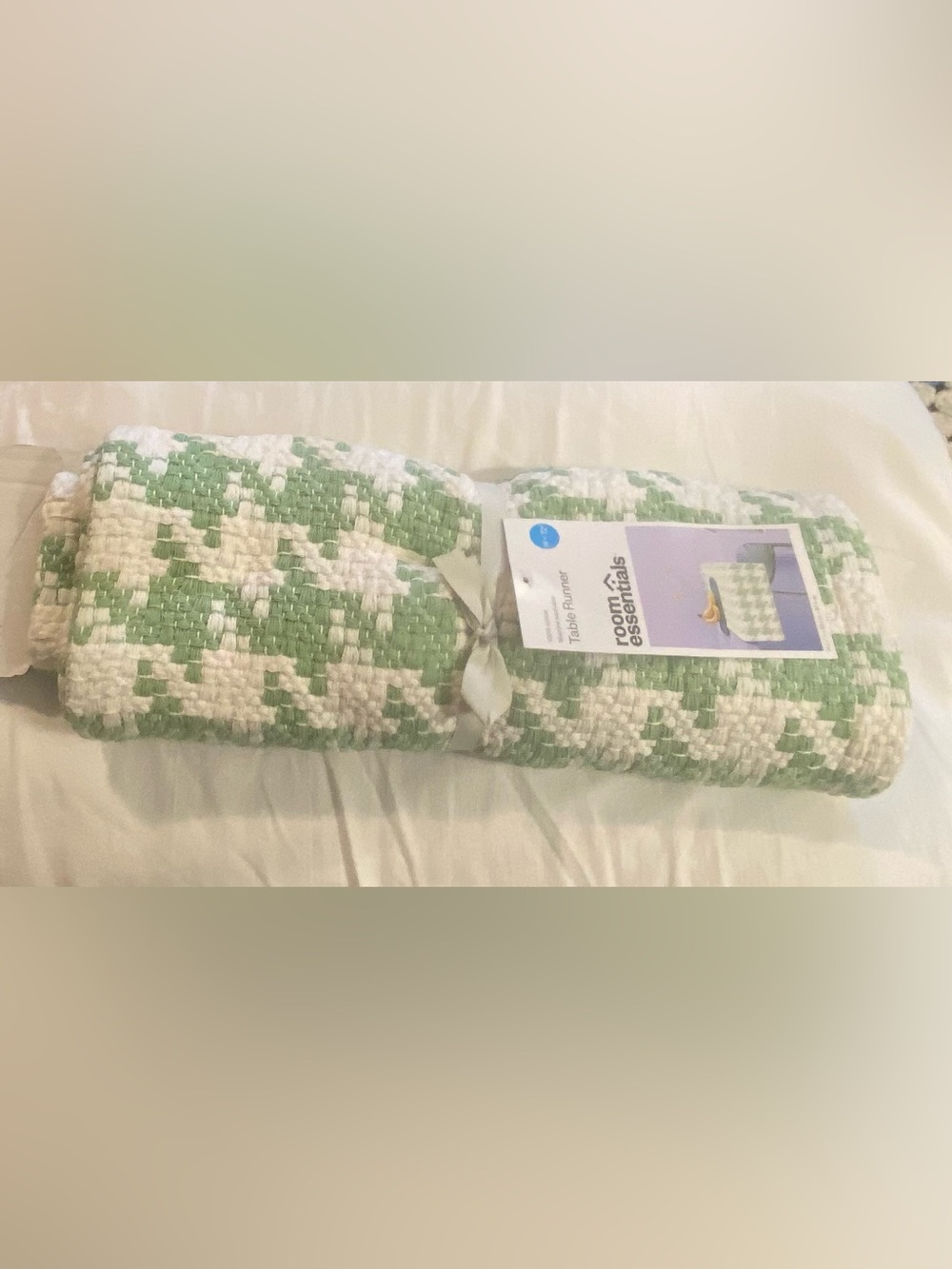Room Essentials Green & White Cotton Table Runner 14” x 72” New